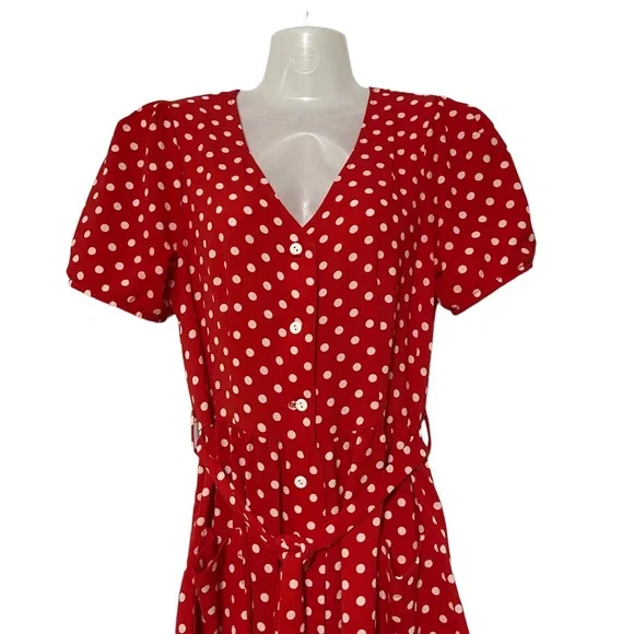 Eva Rose Short Sleeve Polka Dot Belted Dress with Pockets Red